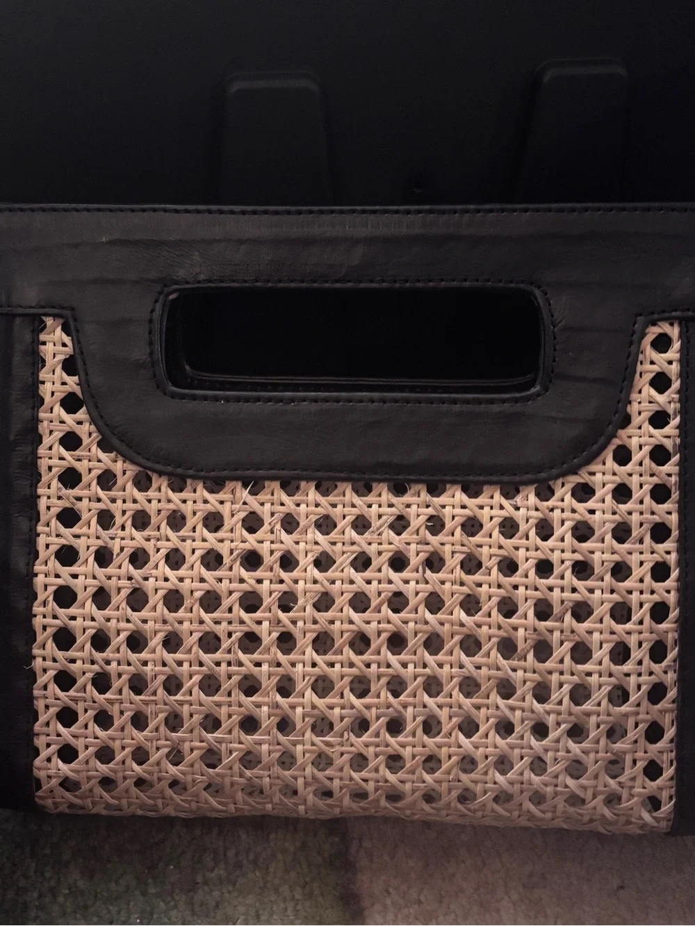 Woven Cane Clutch with Black Leather Trim